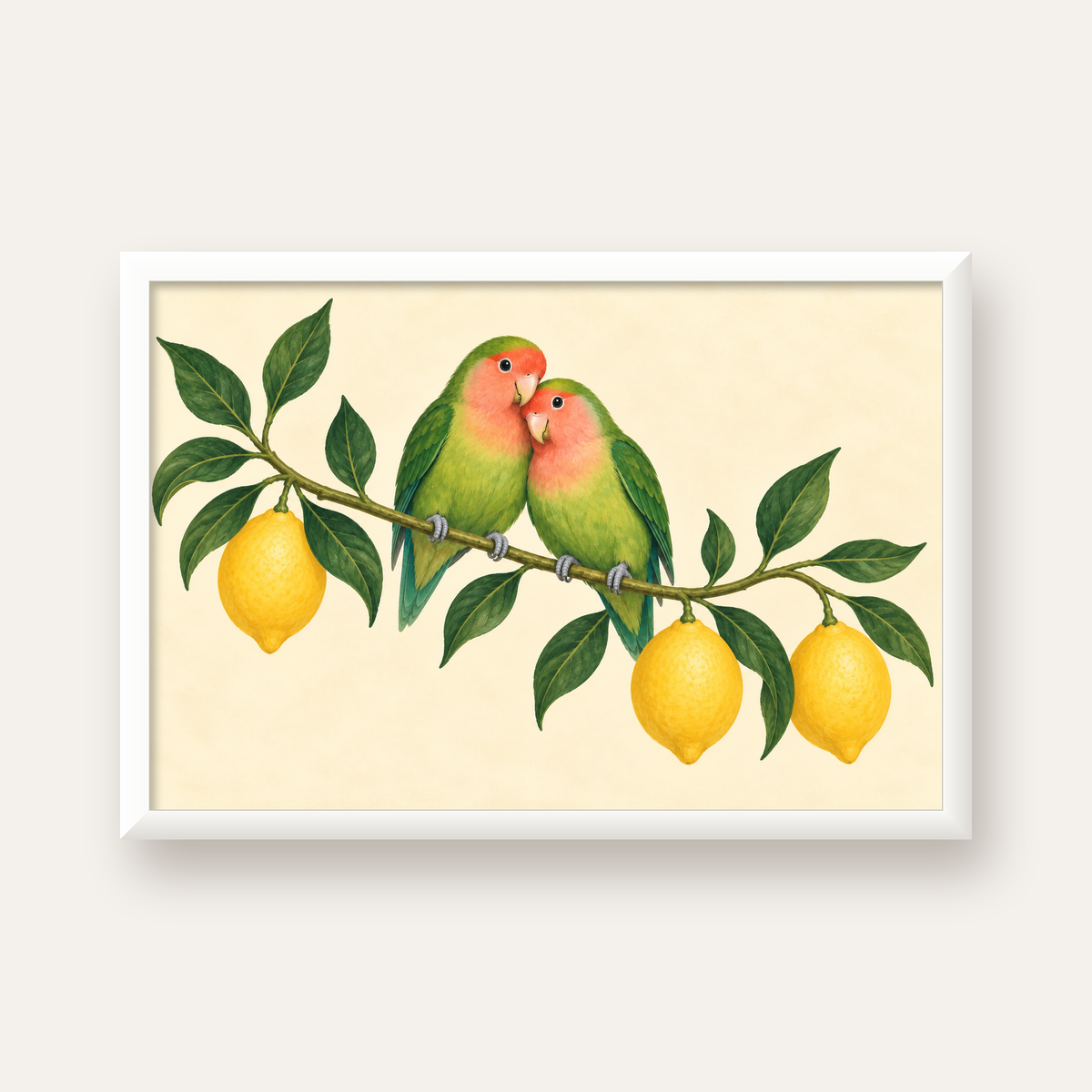 Limon Dalında Aşk Kuşları Akvarel Poster – Çerçeveli Dekor — beyaz çerçeveli yatay poster