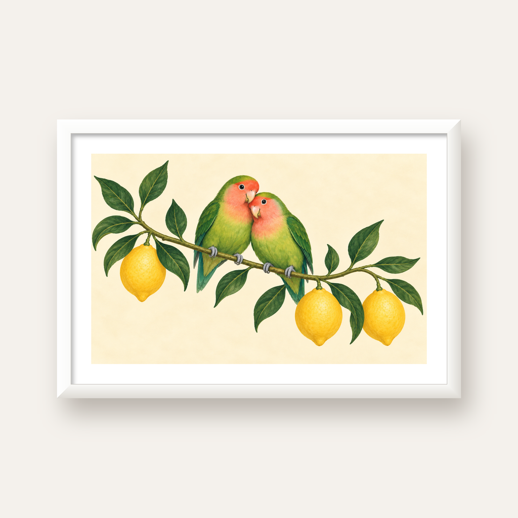 Limon Dalında Aşk Kuşları Akvarel Poster – Çerçeveli Dekor — beyaz çerçeveli yatay poster