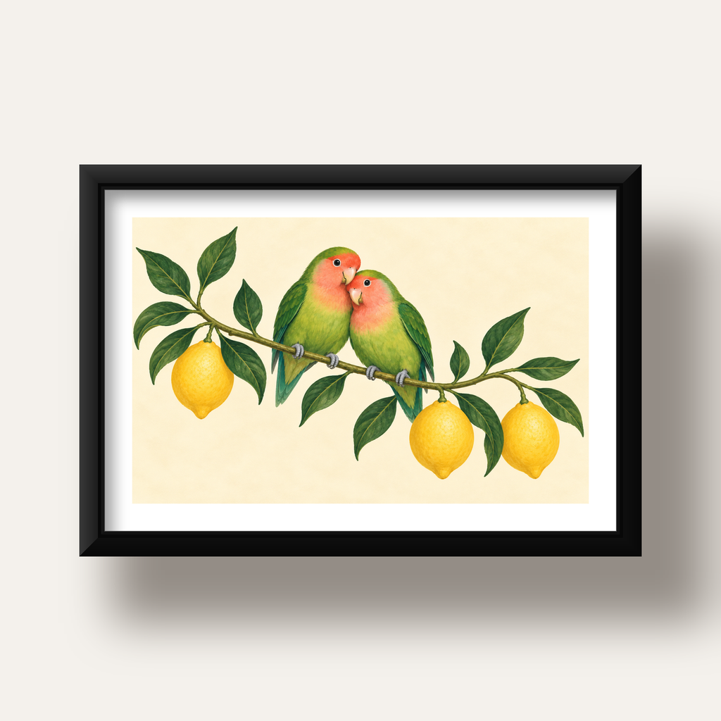 Limon Dalında Aşk Kuşları Akvarel Poster – Çerçeveli Dekor — siyah derin çerçeveli paspartulu