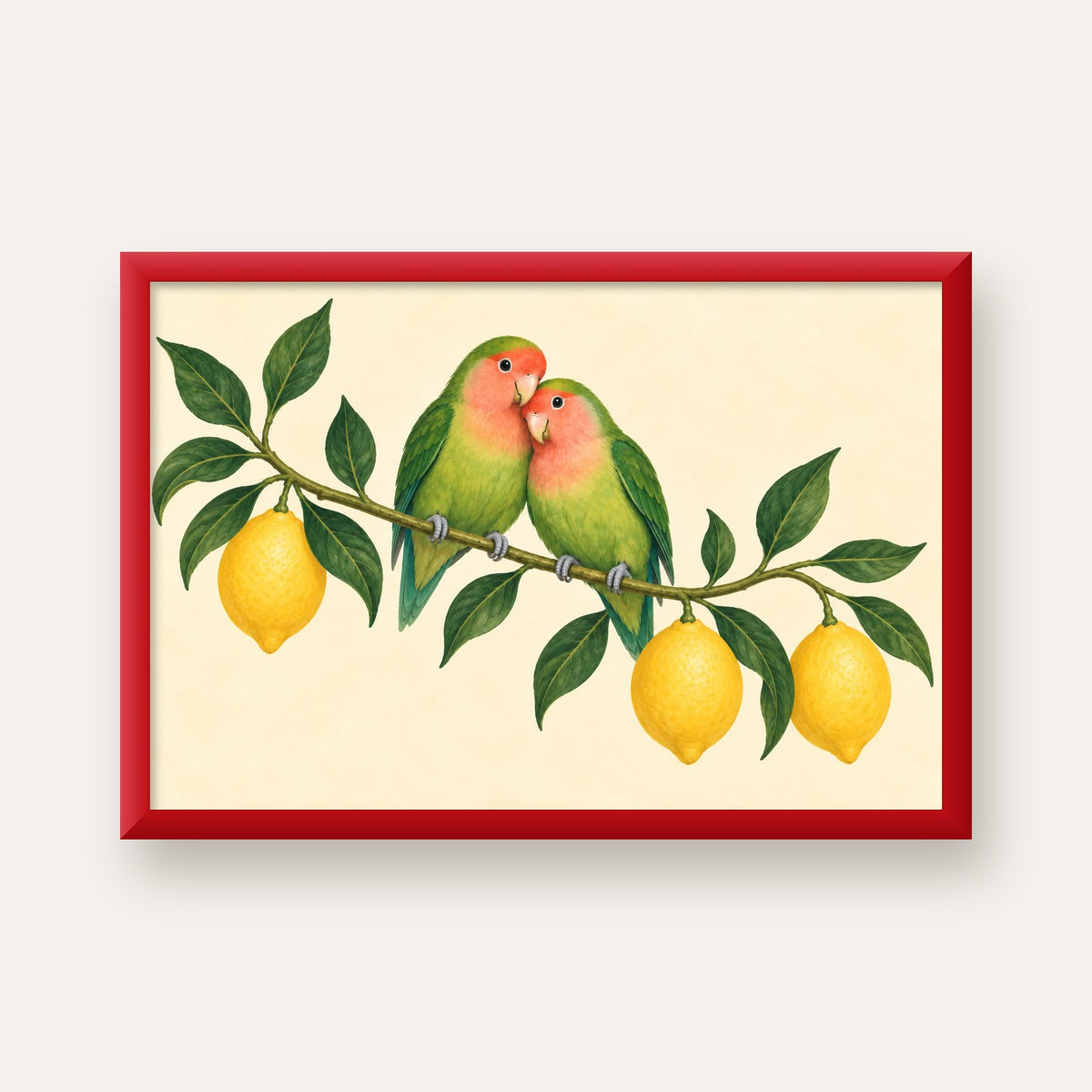 Limon Dalında Aşk Kuşları Akvarel Poster – Çerçeveli Dekor — kırmızı çerçeveli