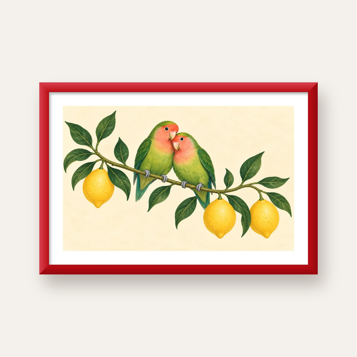 Limon Dalında Aşk Kuşları Akvarel Poster – Çerçeveli Dekor — kırmızı çerçeveli paspartulu