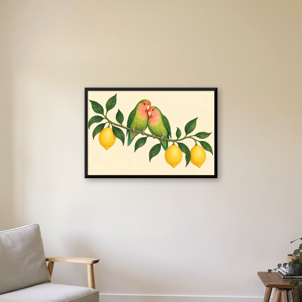 Limon Dalında Aşk Kuşları Akvarel Poster – Çerçeveli Dekor — Yatay baskı, çerçeveli hâliyle bir ev duvarında