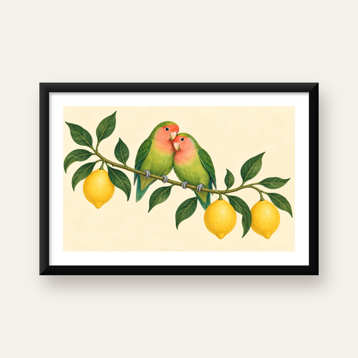 Limon Dalında Aşk Kuşları Akvarel Poster – Çerçeveli Dekor — Yatay baskı, beyaz kenar boşluklu