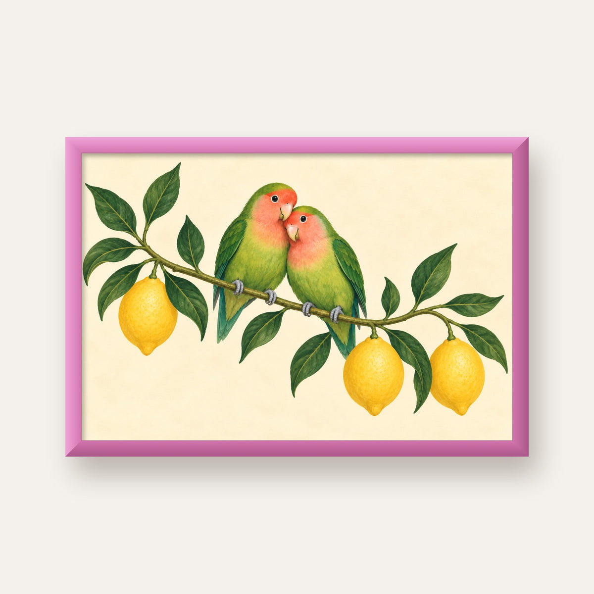 Limon Dalında Aşk Kuşları Akvarel Poster – Çerçeveli Dekor — pembe çerçeveli