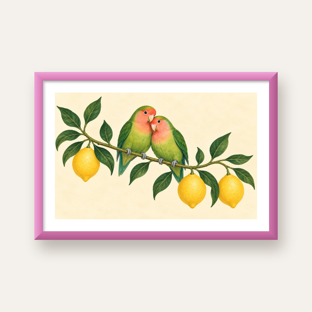 Limon Dalında Aşk Kuşları Akvarel Poster – Çerçeveli Dekor — pembe çerçeveli paspartulu
