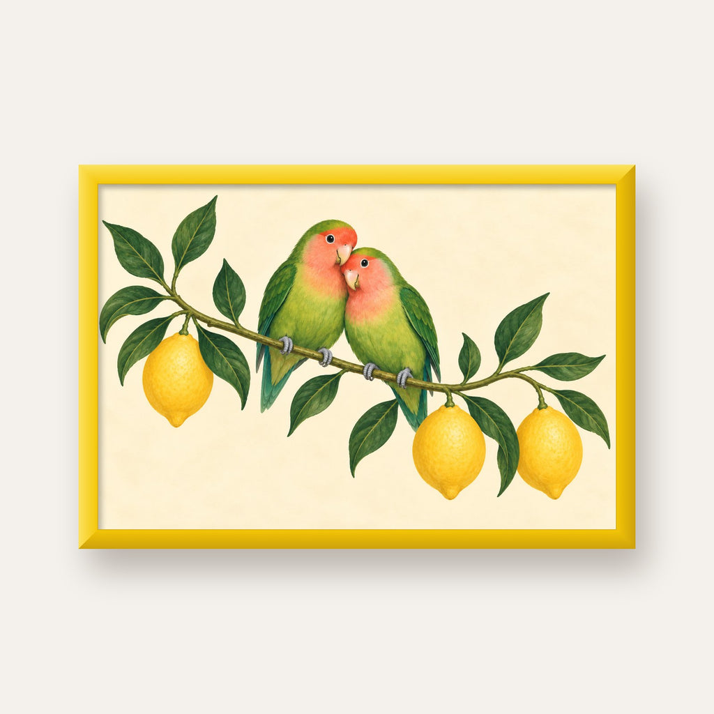 Limon Dalında Aşk Kuşları Akvarel Poster – Çerçeveli Dekor — sarı çerçeveli