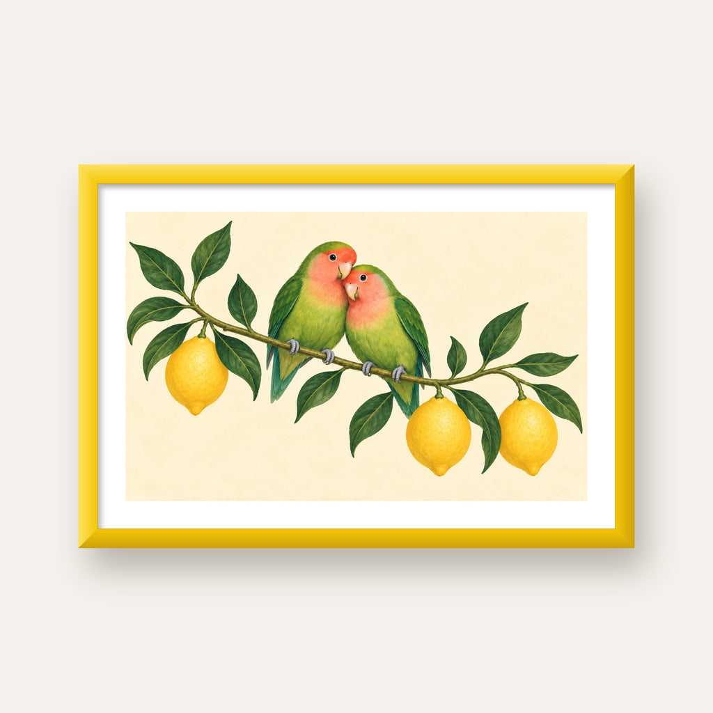 Limon Dalında Aşk Kuşları Akvarel Poster – Çerçeveli Dekor — sarı çerçeveli paspartulu