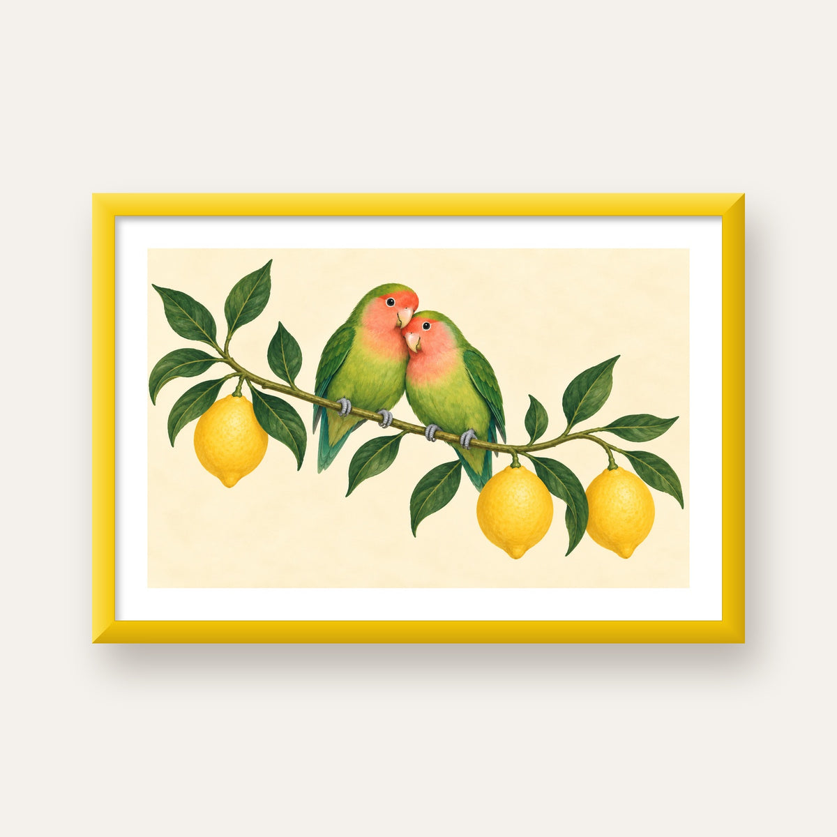 Limon Dalında Aşk Kuşları Akvarel Poster – Çerçeveli Dekor — sarı çerçeveli paspartulu