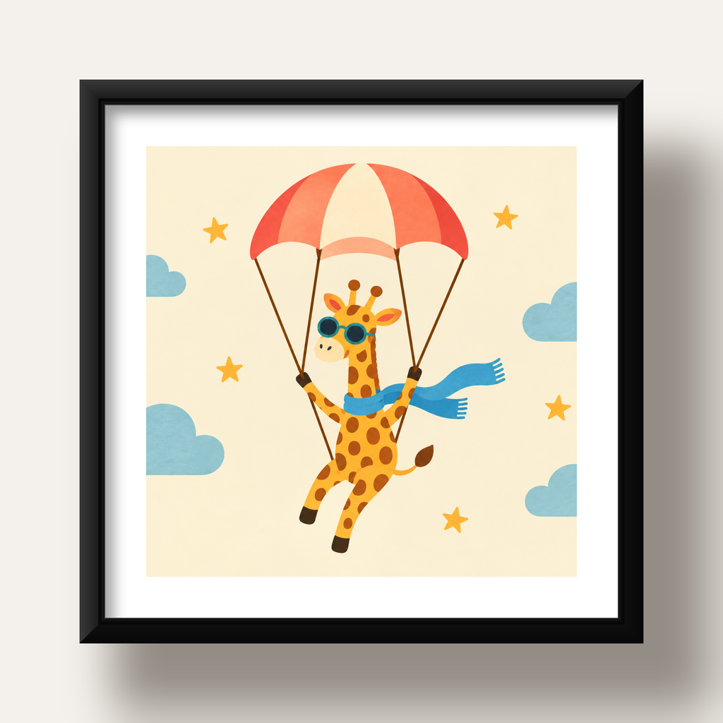 Uçan Zürafa Çocuk Poster – Sevimli Paraşütlü Duvar Dekoru — siyah derin çerçeveli paspartulu