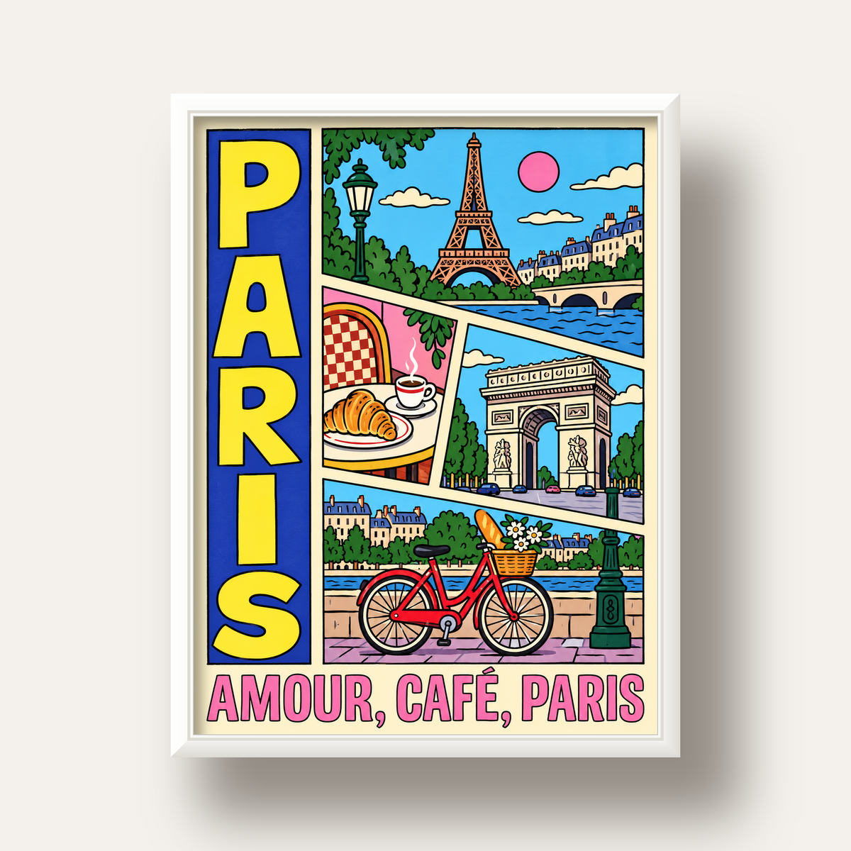 Paris Temalı Renkli Çizgi Roman Poster – Şehir ve Kafe Detayları — beyaz derin çerçeveli