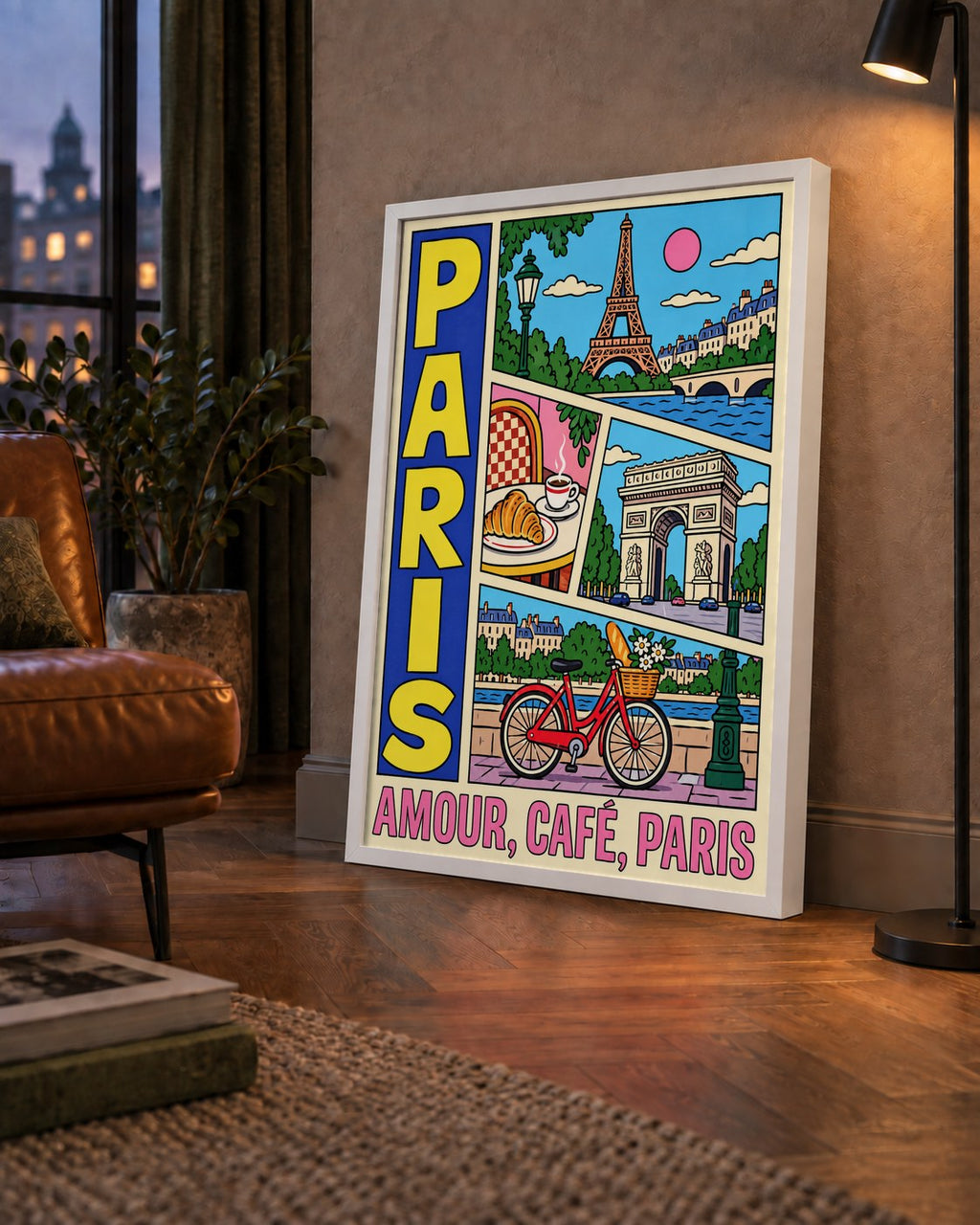 Paris Temalı Renkli Çizgi Roman Poster – Şehir ve Kafe Detayları — çerçeveli hâliyle bir ev duvarında