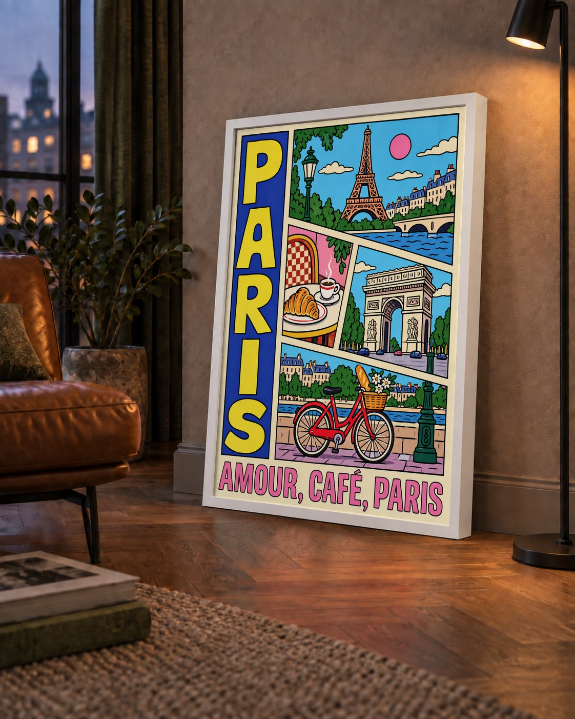 Paris Temalı Renkli Çizgi Roman Poster – Şehir ve Kafe Detayları — çerçeveli hâliyle bir ev duvarında