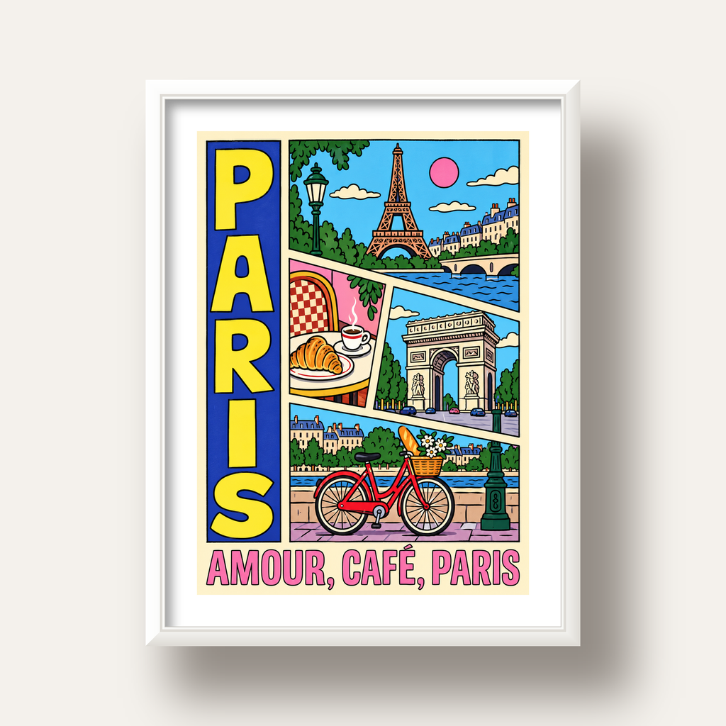 Paris Temalı Renkli Çizgi Roman Poster – Şehir ve Kafe Detayları — beyaz derin çerçeveli paspartulu