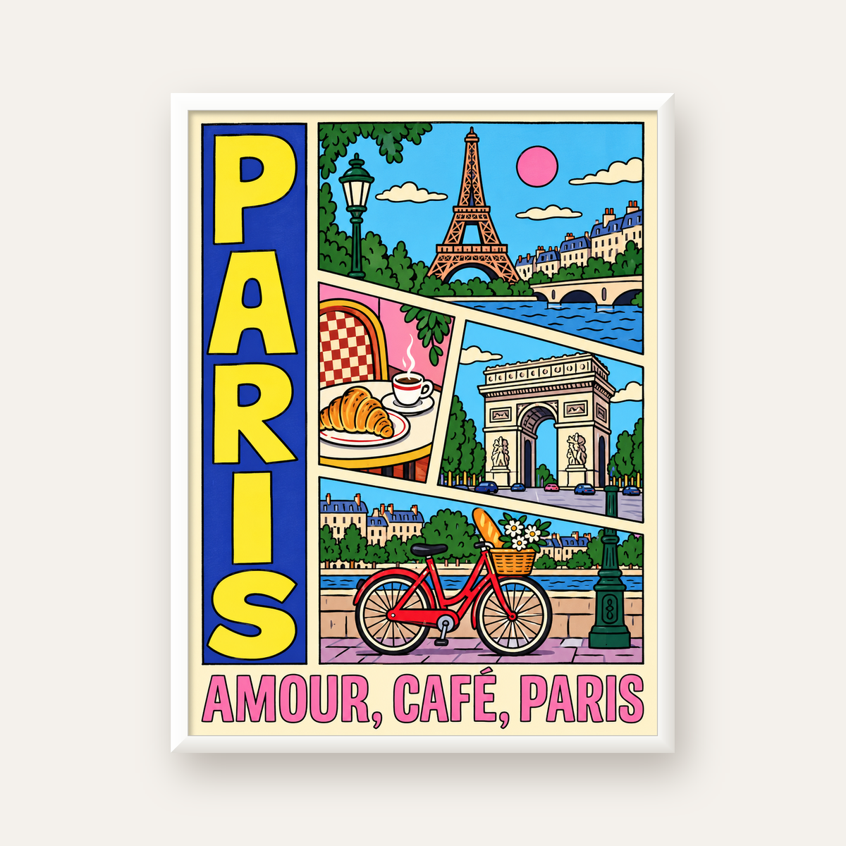 Paris Temalı Renkli Çizgi Roman Poster – Şehir ve Kafe Detayları — beyaz çerçeveli dikey poster