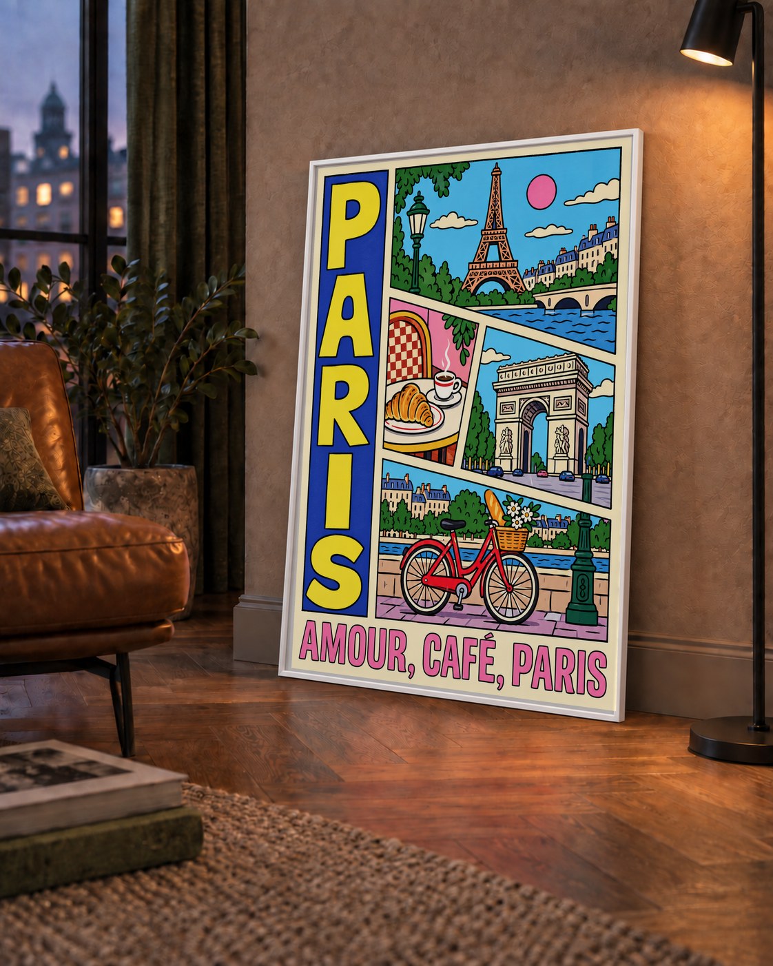 Paris Temalı Renkli Çizgi Roman Poster – Şehir ve Kafe Detayları — çerçeveli hâliyle bir ev duvarında