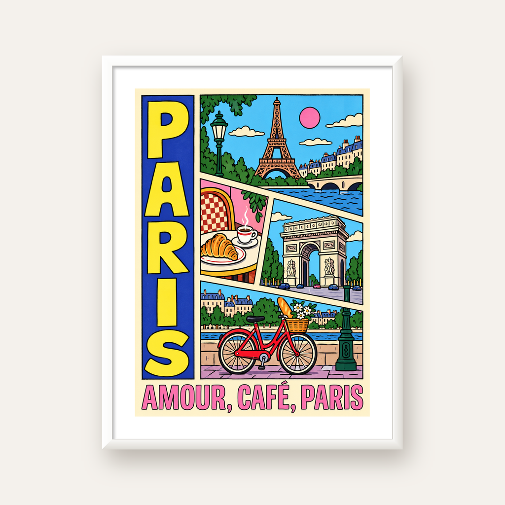 Paris Temalı Renkli Çizgi Roman Poster – Şehir ve Kafe Detayları — beyaz çerçeveli dikey poster