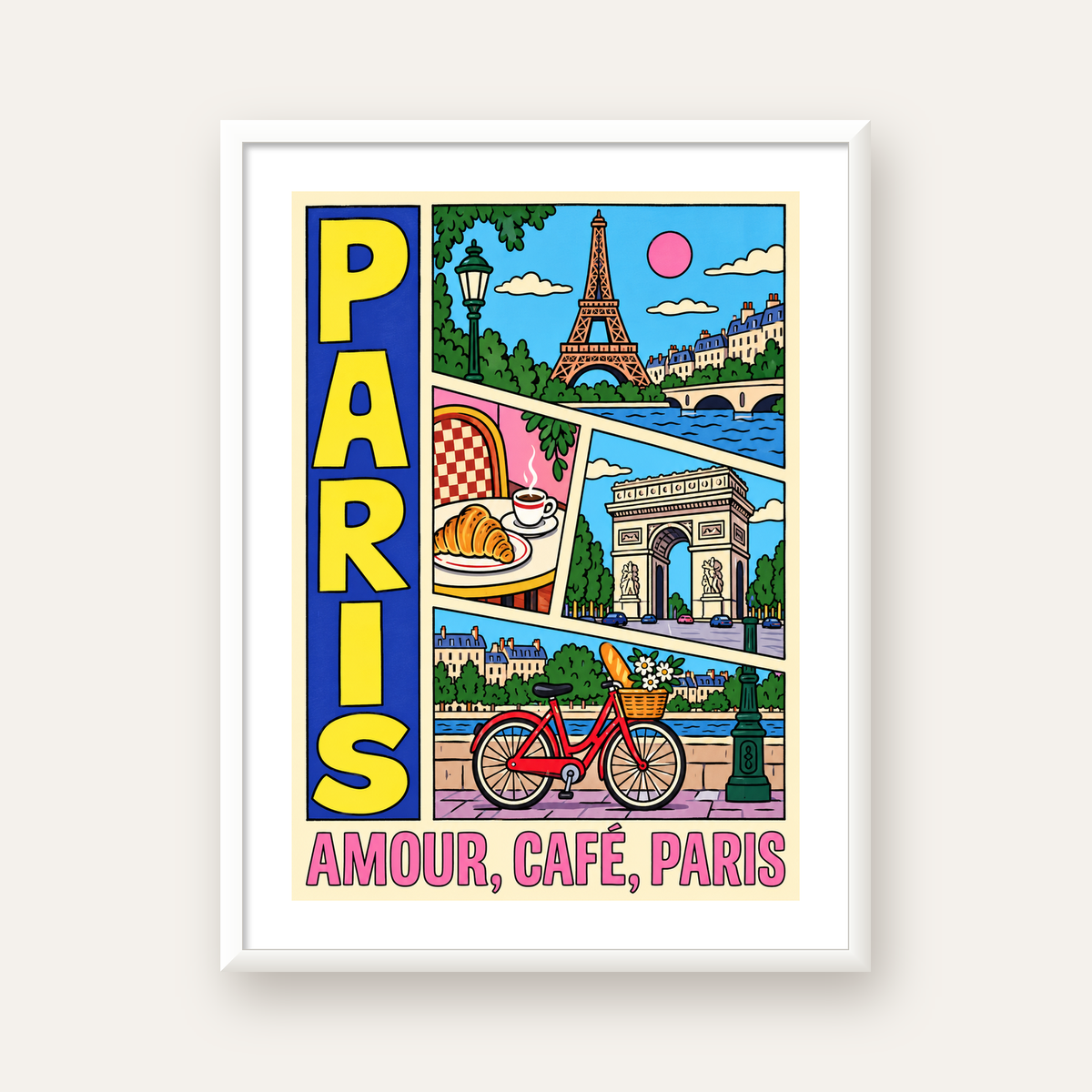 Paris Temalı Renkli Çizgi Roman Poster – Şehir ve Kafe Detayları — beyaz çerçeveli dikey poster
