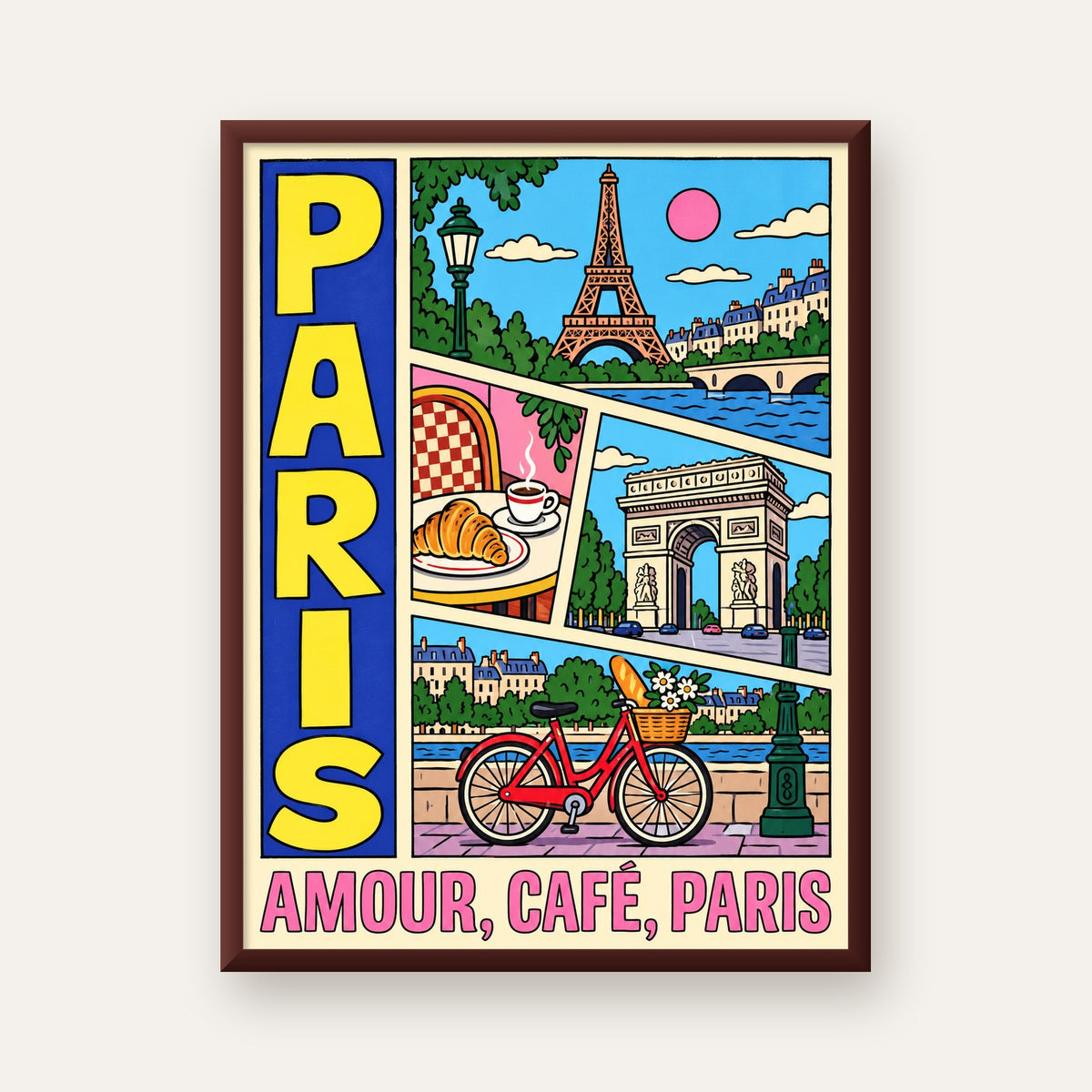 Paris Temalı Renkli Çizgi Roman Poster – Şehir ve Kafe Detayları — ceviz çerçeveli