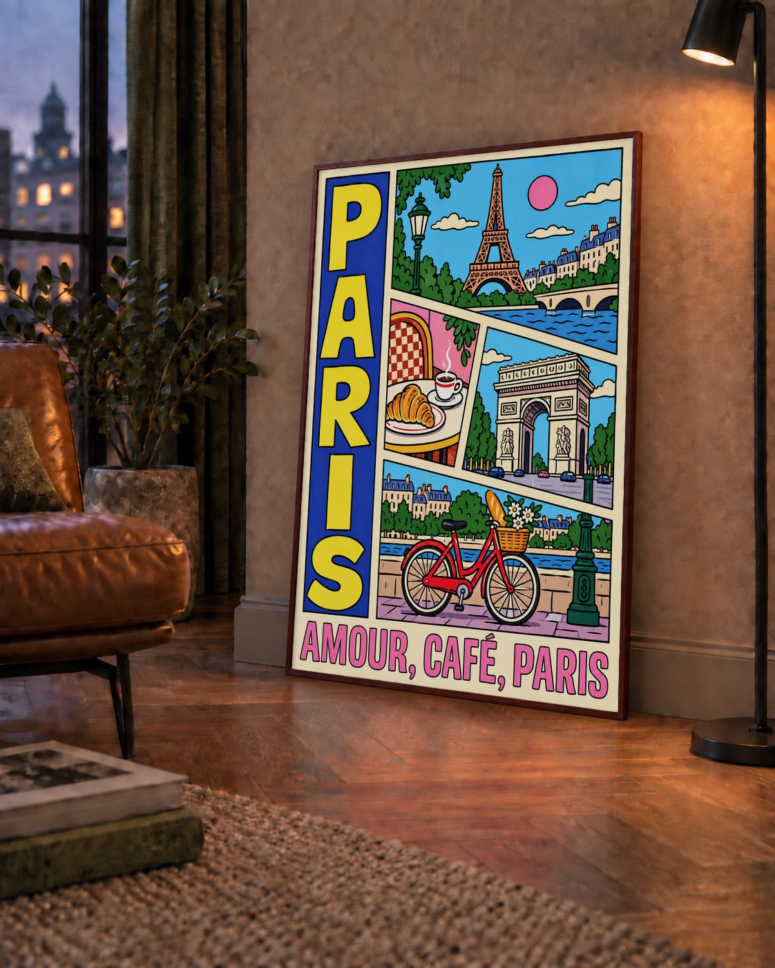 Paris Temalı Renkli Çizgi Roman Poster – Şehir ve Kafe Detayları — çerçeveli hâliyle bir ev duvarında