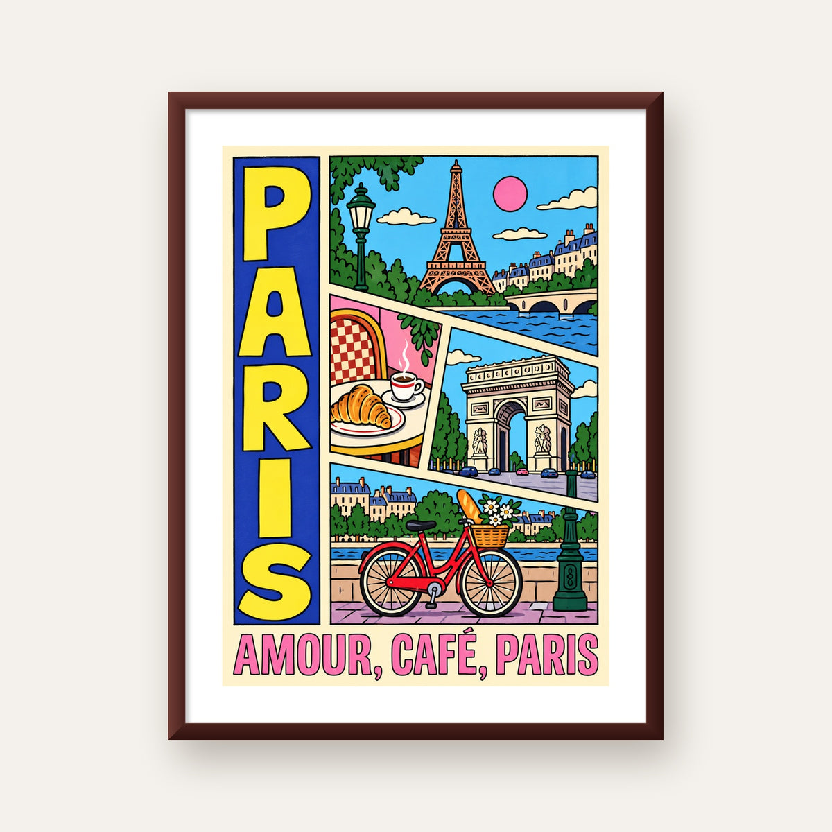 Paris Temalı Renkli Çizgi Roman Poster – Şehir ve Kafe Detayları — ceviz çerçeveli paspartulu