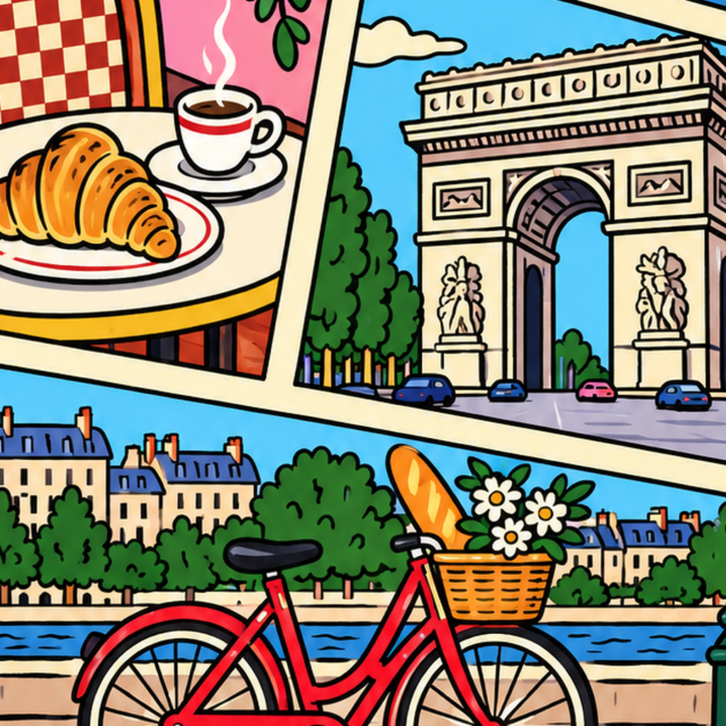 Paris Temalı Renkli Çizgi Roman Poster – Şehir ve Kafe Detayları — baskının yakın çekimi, kâğıt dokusu ve renk detayı