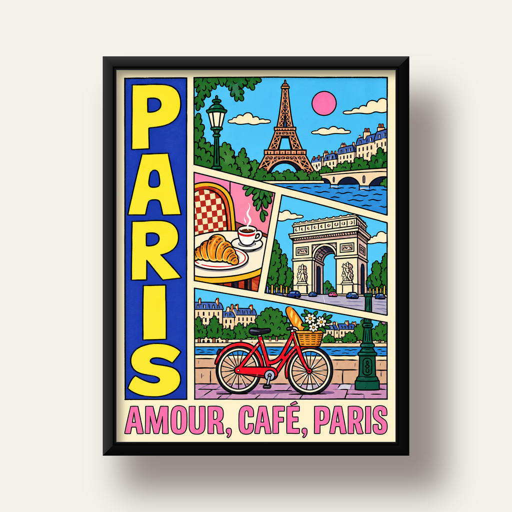 Paris Temalı Renkli Çizgi Roman Poster – Şehir ve Kafe Detayları — siyah derin çerçeveli