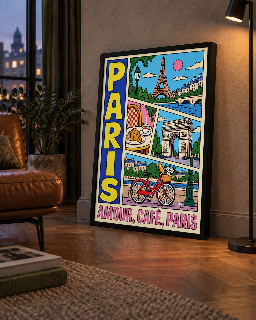 Paris Temalı Renkli Çizgi Roman Poster – Şehir ve Kafe Detayları — çerçeveli hâliyle bir ev duvarında