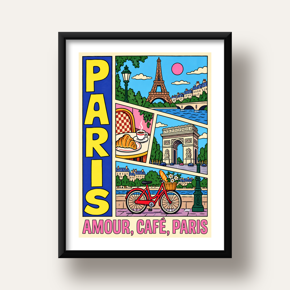 Paris Temalı Renkli Çizgi Roman Poster – Şehir ve Kafe Detayları — siyah derin çerçeveli paspartulu
