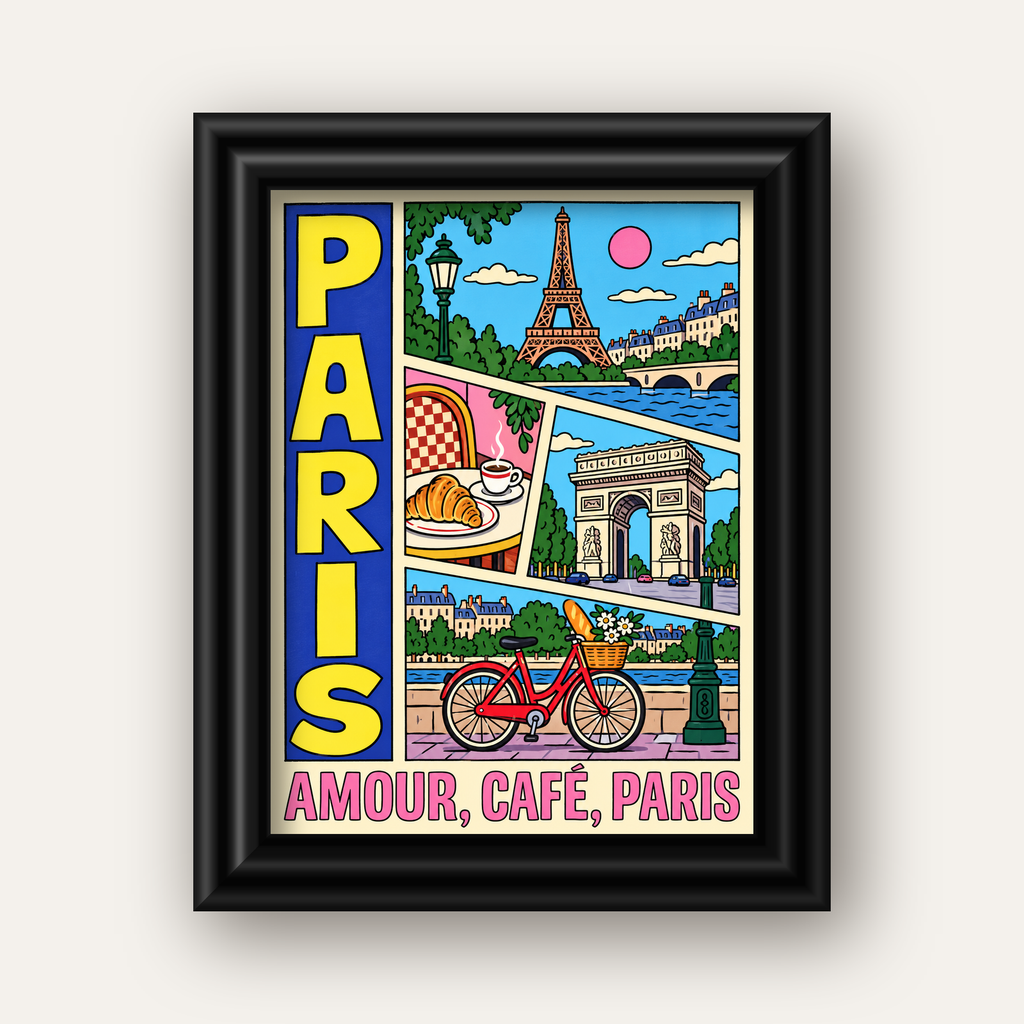 Paris Temalı Renkli Çizgi Roman Poster – Şehir ve Kafe Detayları — siyah galeri çerçeveli