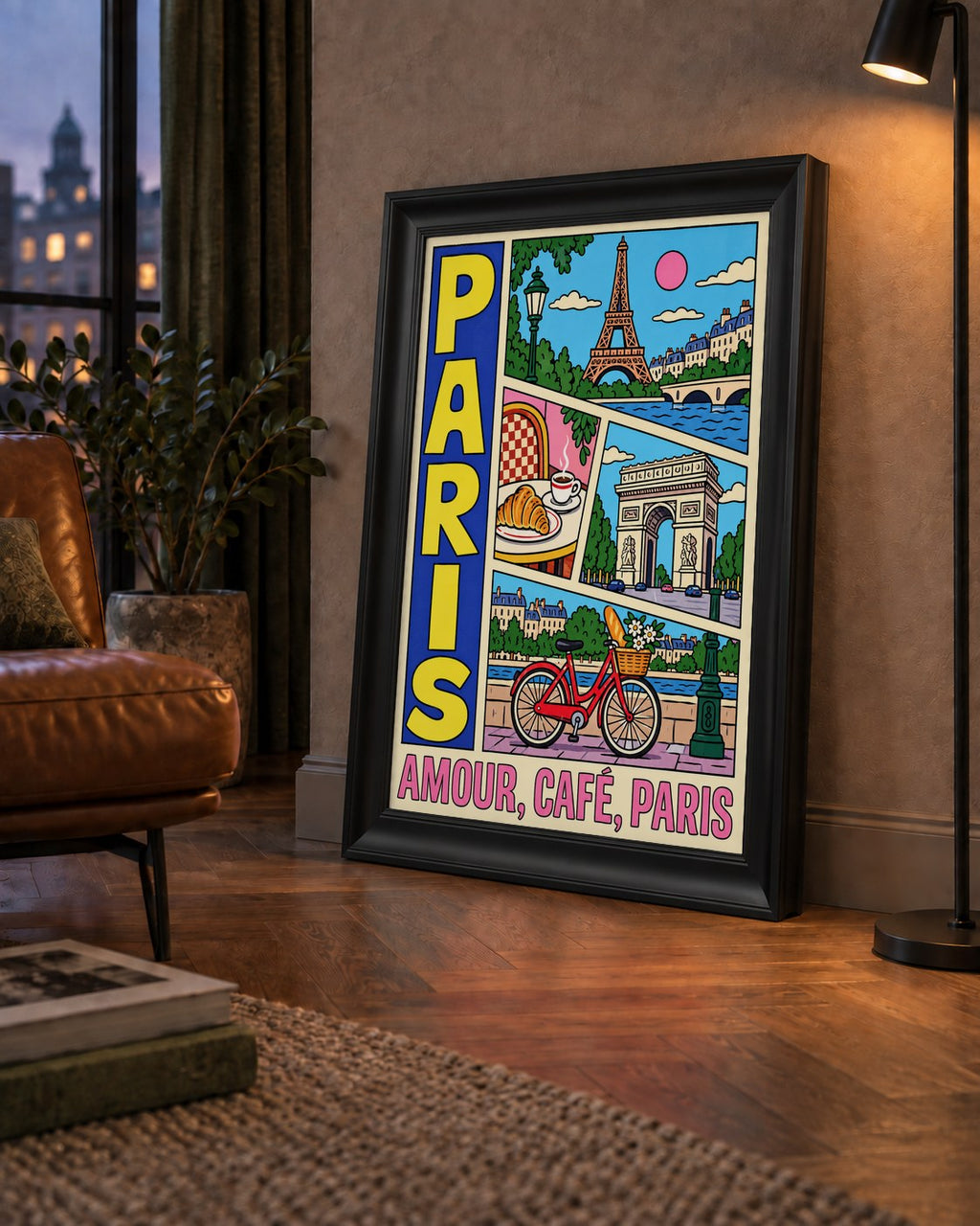 Paris Temalı Renkli Çizgi Roman Poster – Şehir ve Kafe Detayları — çerçeveli hâliyle bir ev duvarında