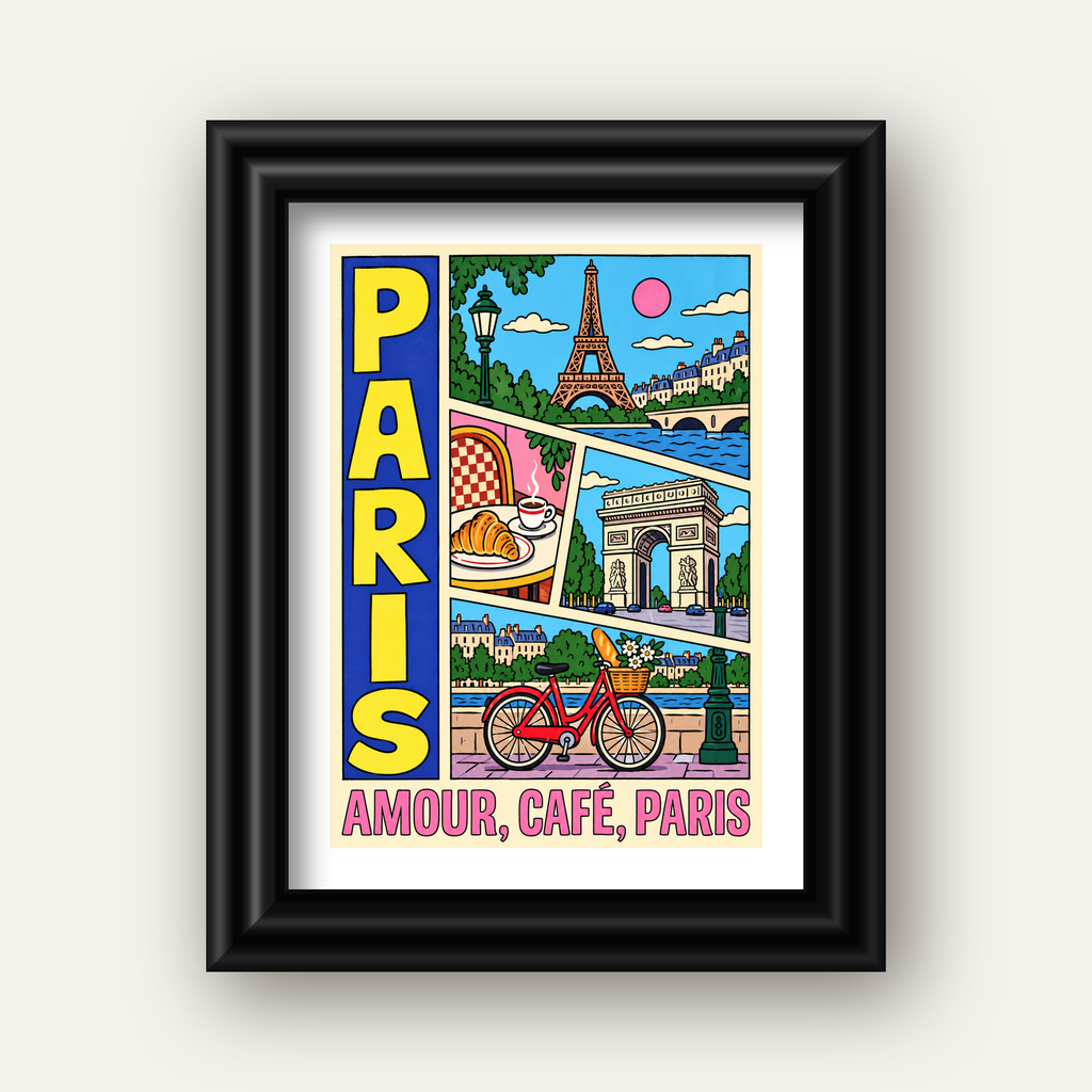 Paris Temalı Renkli Çizgi Roman Poster – Şehir ve Kafe Detayları — siyah galeri çerçeveli paspartulu