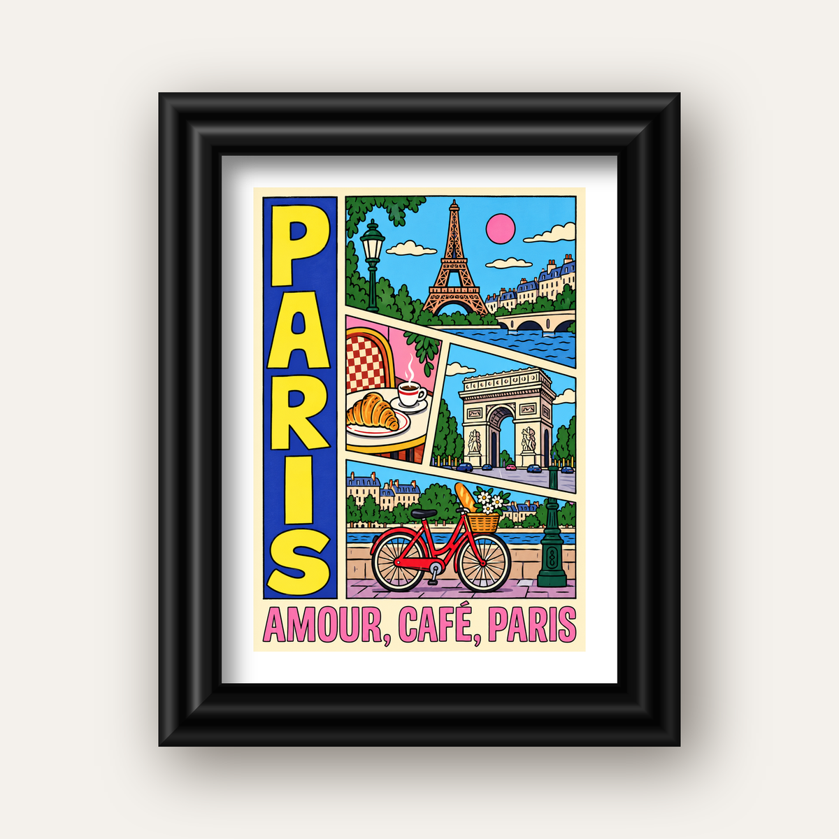 Paris Temalı Renkli Çizgi Roman Poster – Şehir ve Kafe Detayları — siyah galeri çerçeveli paspartulu