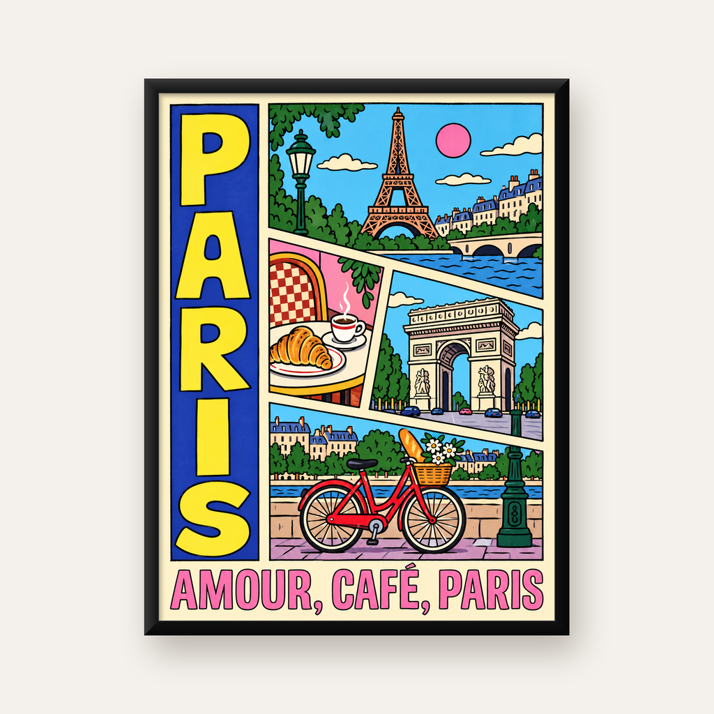 Paris Temalı Renkli Çizgi Roman Poster – Şehir ve Kafe Detayları — Dikey baskı, düz siyah çerçeveli duvar posteri