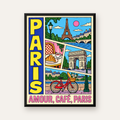 Paris Temalı Renkli Çizgi Roman Poster – Şehir ve Kafe Detayları — Dikey baskı, düz siyah çerçeveli duvar posteri