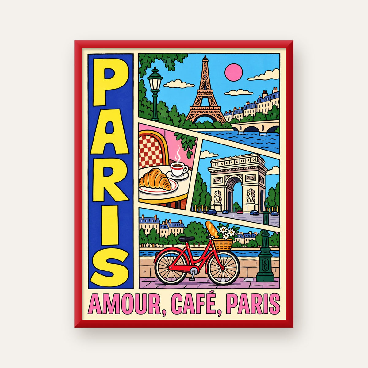 Paris Temalı Renkli Çizgi Roman Poster – Şehir ve Kafe Detayları — kırmızı çerçeveli