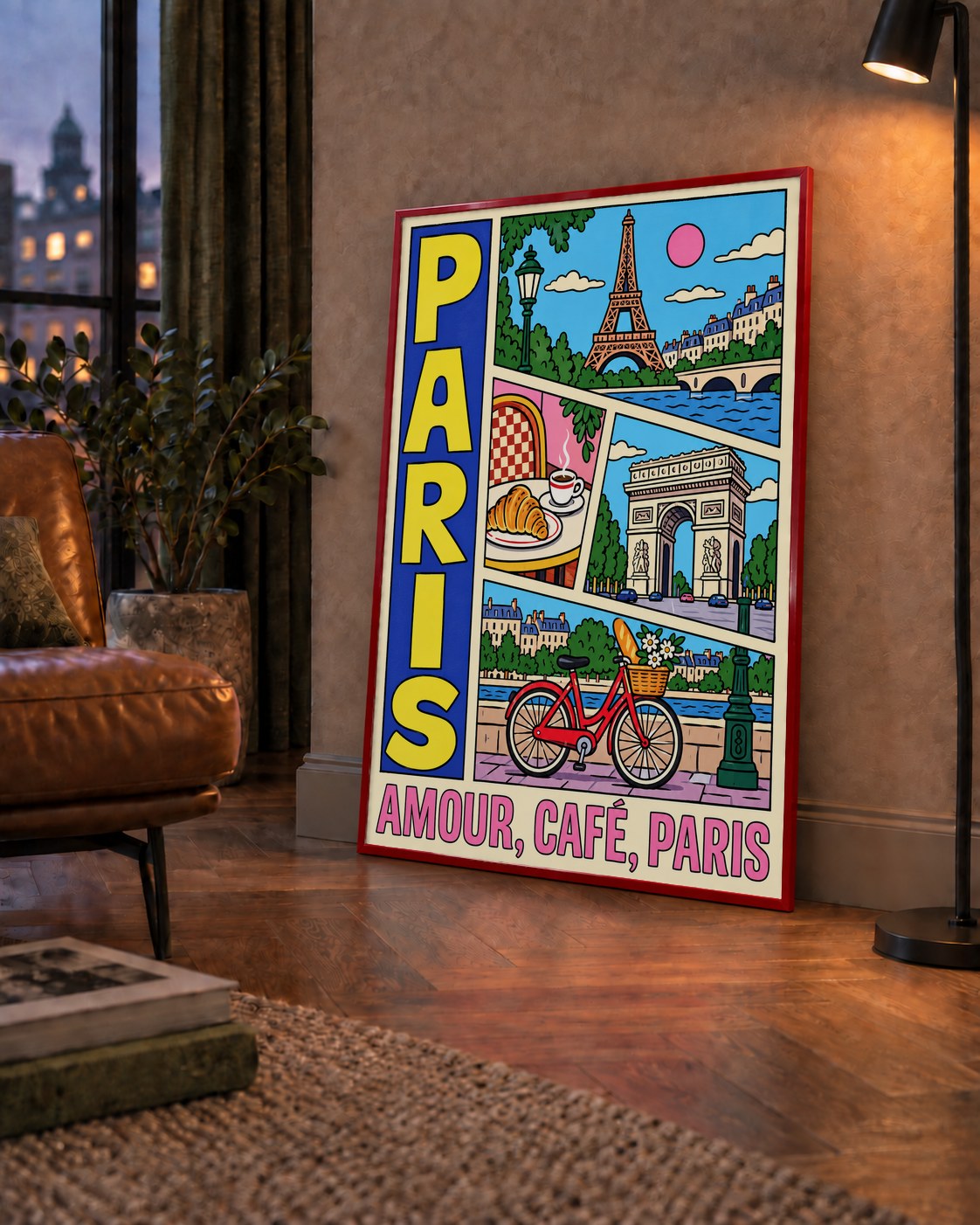 Paris Temalı Renkli Çizgi Roman Poster – Şehir ve Kafe Detayları — çerçeveli hâliyle bir ev duvarında