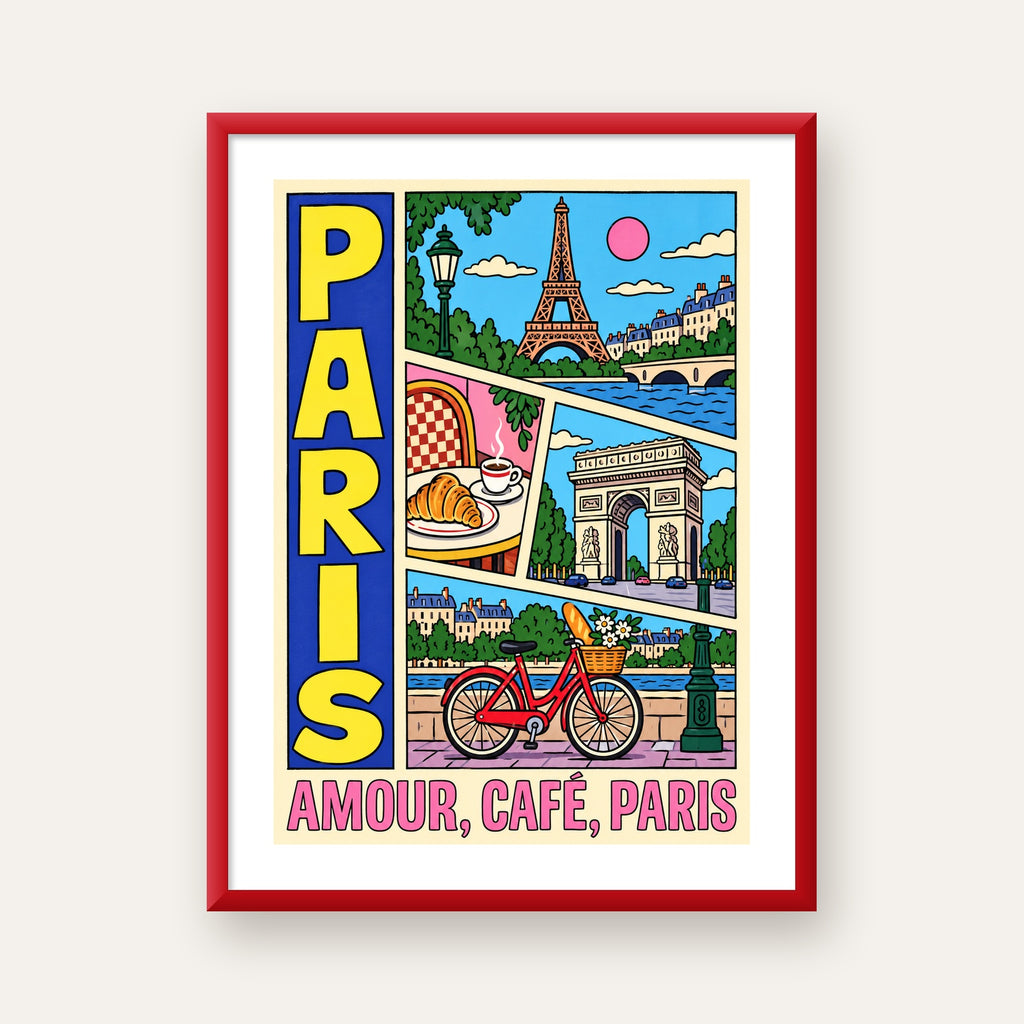 Paris Temalı Renkli Çizgi Roman Poster – Şehir ve Kafe Detayları — kırmızı çerçeveli paspartulu