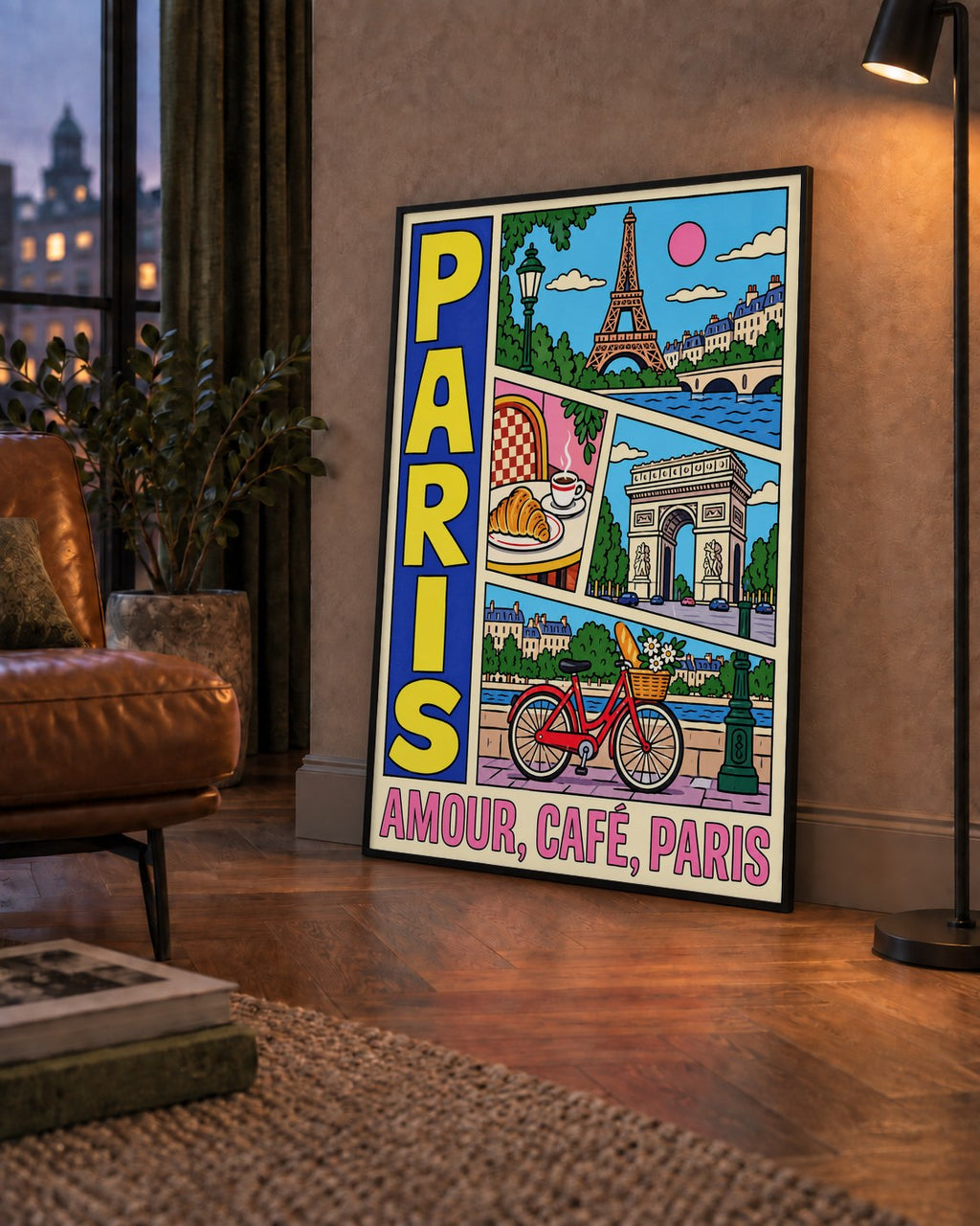 Paris Temalı Renkli Çizgi Roman Poster – Şehir ve Kafe Detayları — çerçeveli hâliyle bir ev duvarında
