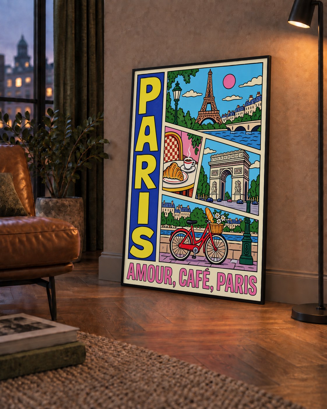 Paris Temalı Renkli Çizgi Roman Poster – Şehir ve Kafe Detayları — çerçeveli hâliyle bir ev duvarında