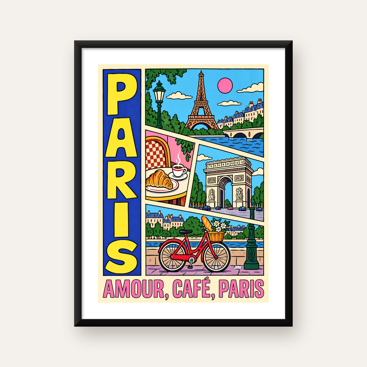 Paris Temalı Renkli Çizgi Roman Poster – Şehir ve Kafe Detayları — Dikey baskı, beyaz paspartulu