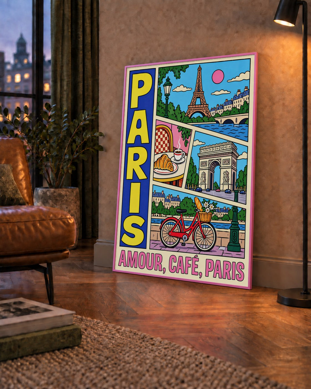 Paris Temalı Renkli Çizgi Roman Poster – Şehir ve Kafe Detayları — çerçeveli hâliyle bir ev duvarında