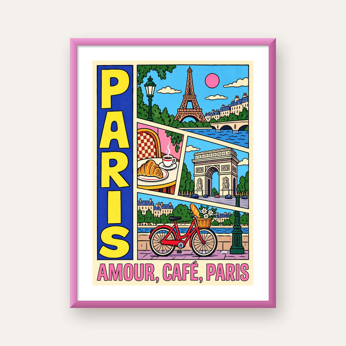 Paris Temalı Renkli Çizgi Roman Poster – Şehir ve Kafe Detayları — pembe çerçeveli paspartulu