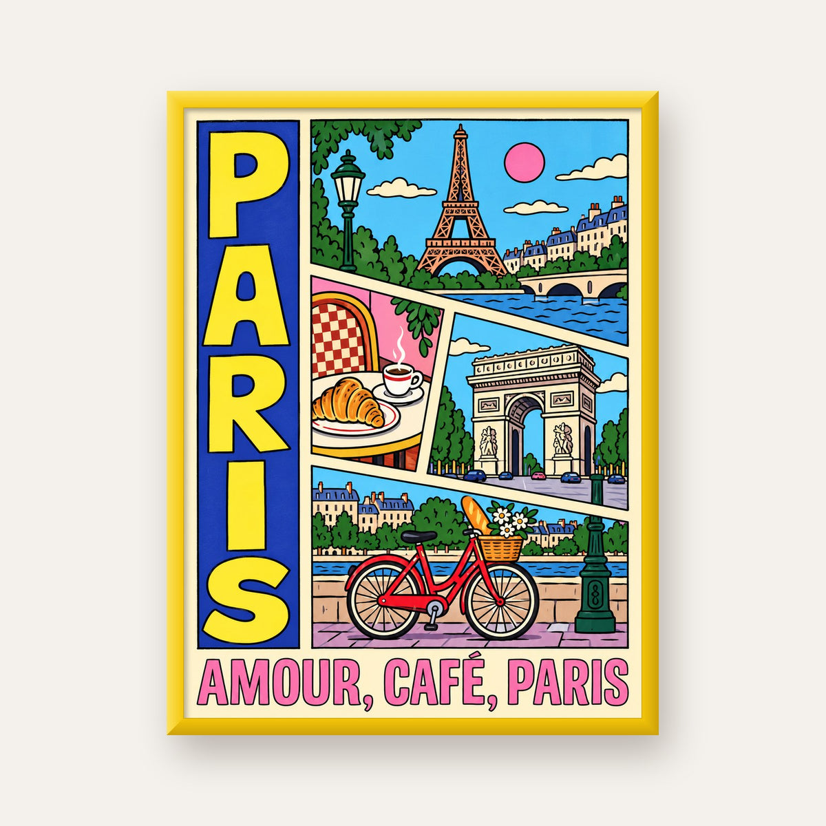 Paris Temalı Renkli Çizgi Roman Poster – Şehir ve Kafe Detayları — sarı çerçeveli