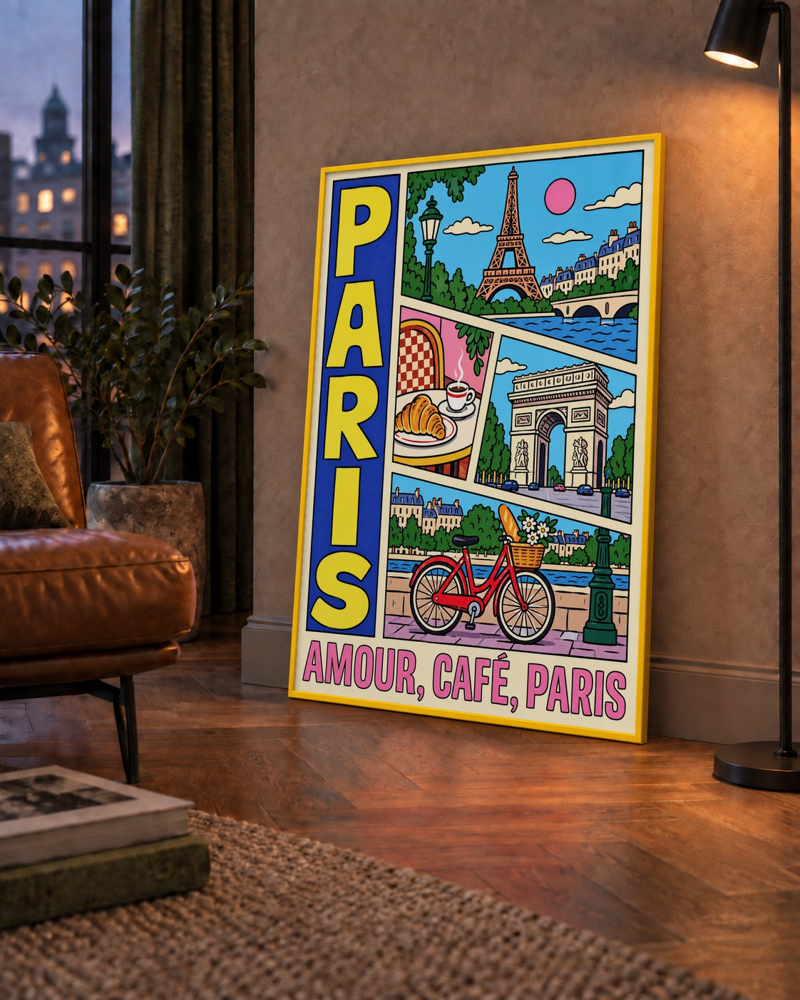 Paris Temalı Renkli Çizgi Roman Poster – Şehir ve Kafe Detayları — çerçeveli hâliyle bir ev duvarında