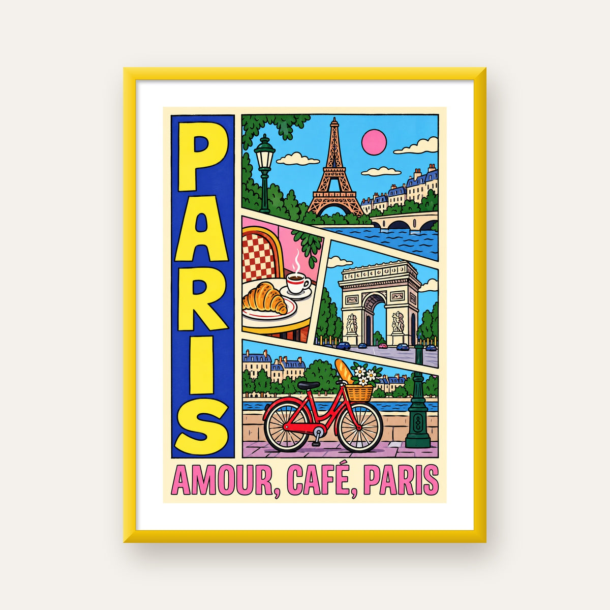 Paris Temalı Renkli Çizgi Roman Poster – Şehir ve Kafe Detayları — sarı çerçeveli paspartulu