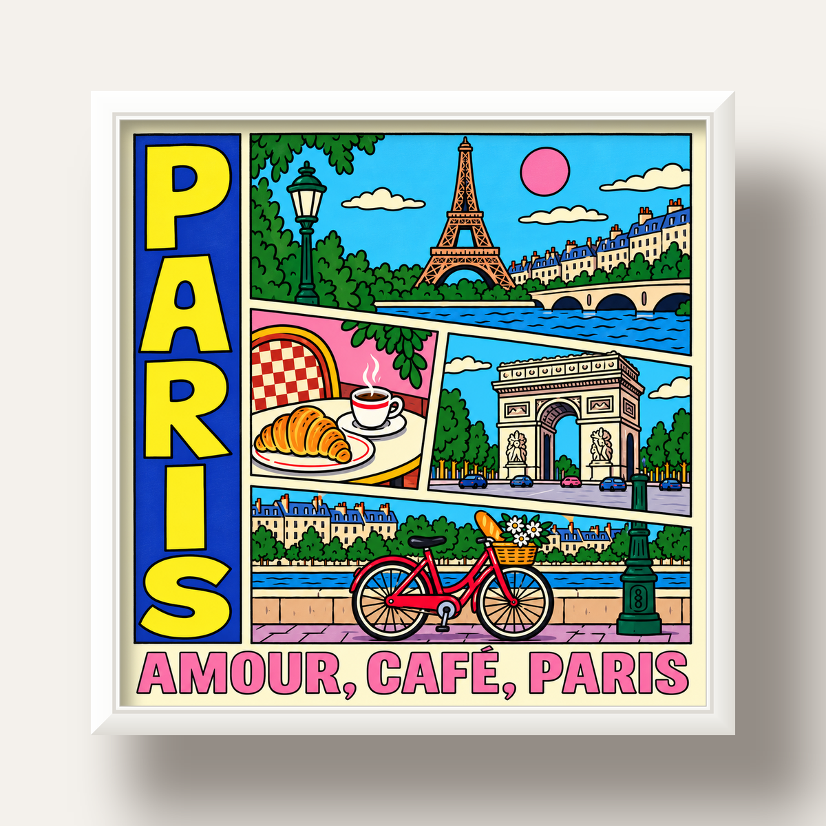 Paris Temalı Renkli Çizgi Roman Poster – Şehir ve Kafe Detayları — beyaz derin çerçeveli