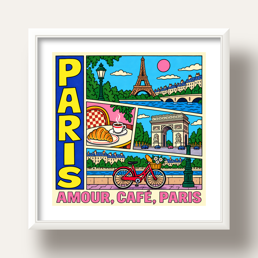 Paris Temalı Renkli Çizgi Roman Poster – Şehir ve Kafe Detayları — beyaz derin çerçeveli paspartulu