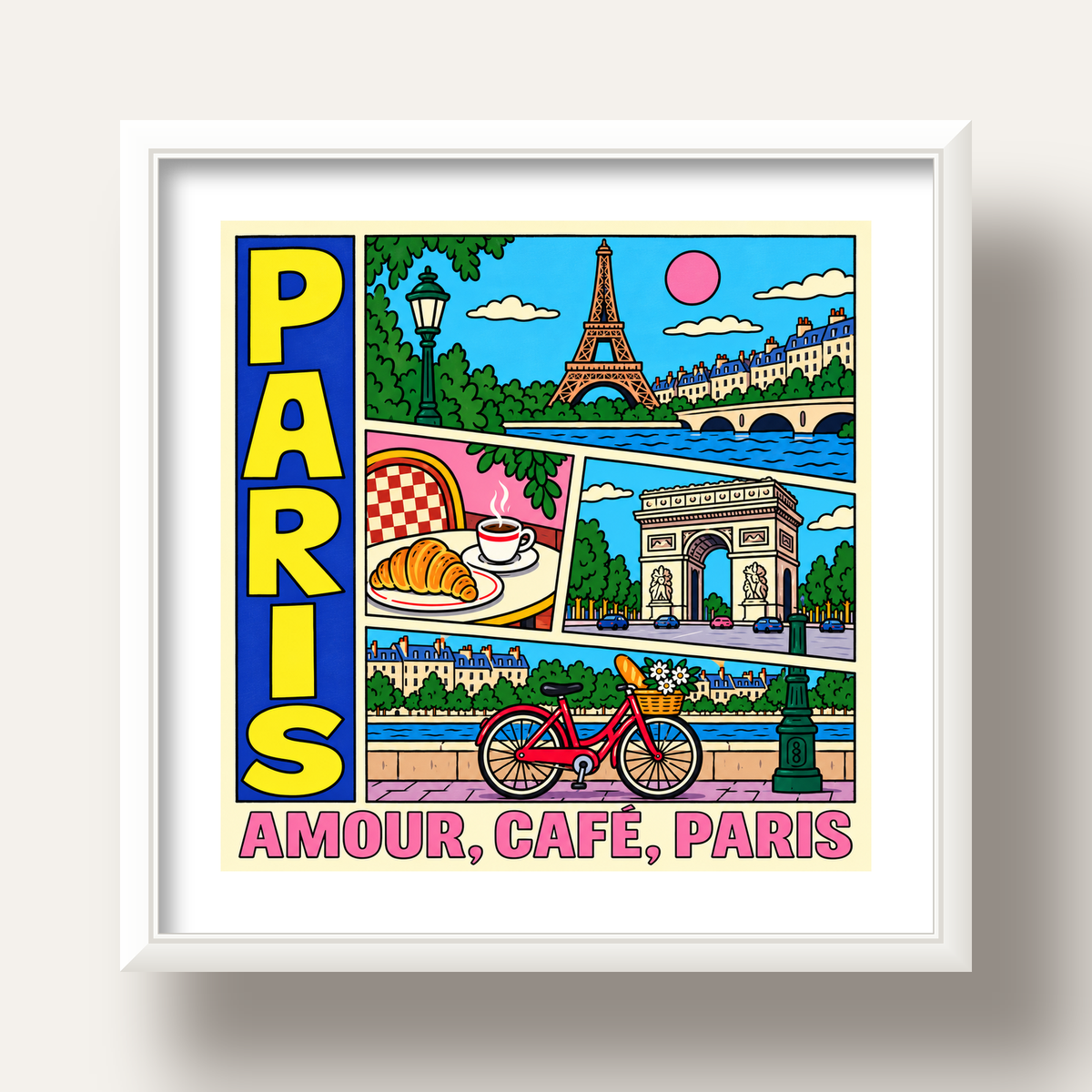 Paris Temalı Renkli Çizgi Roman Poster – Şehir ve Kafe Detayları — beyaz derin çerçeveli paspartulu
