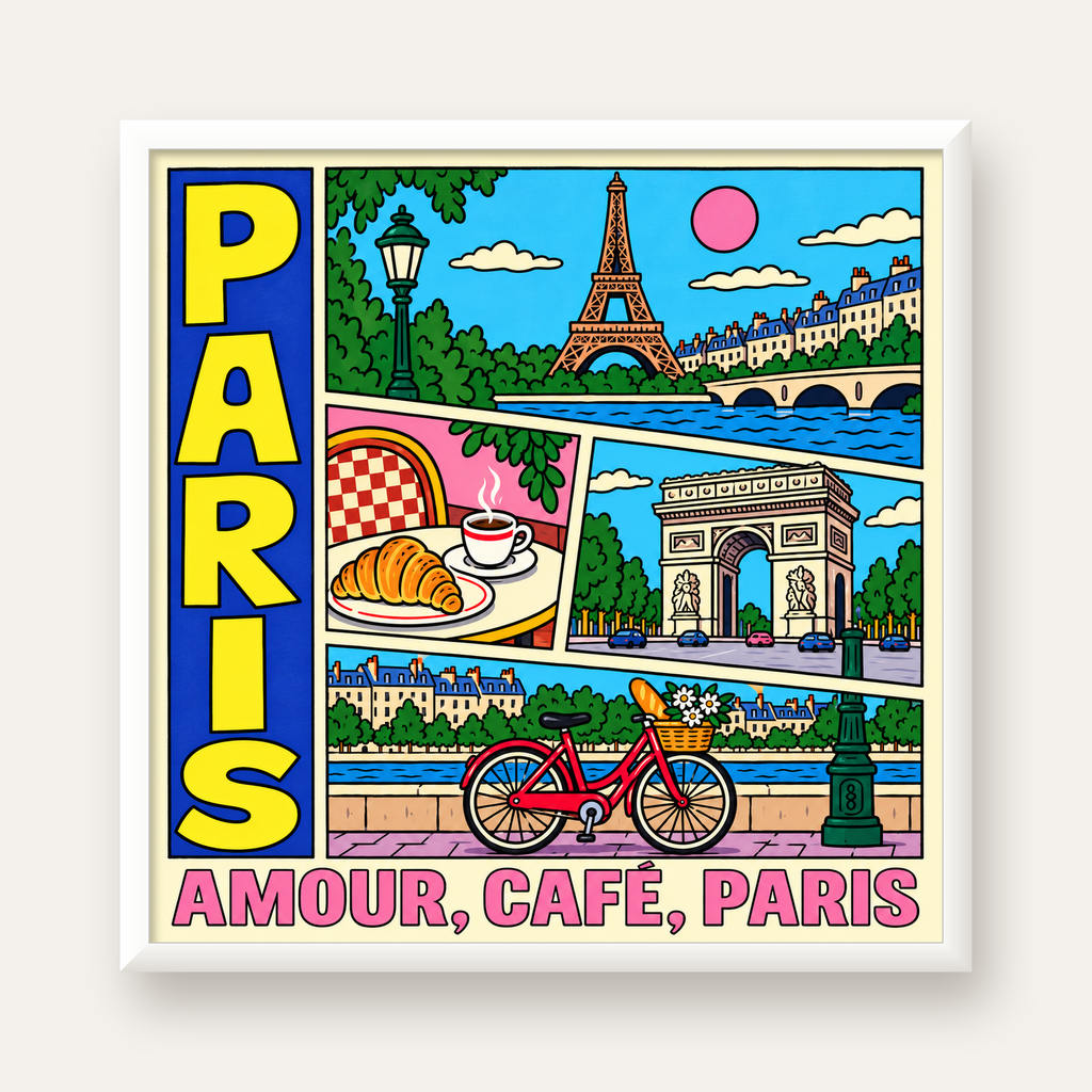 Paris Temalı Renkli Çizgi Roman Poster – Şehir ve Kafe Detayları — beyaz çerçeveli kare poster
