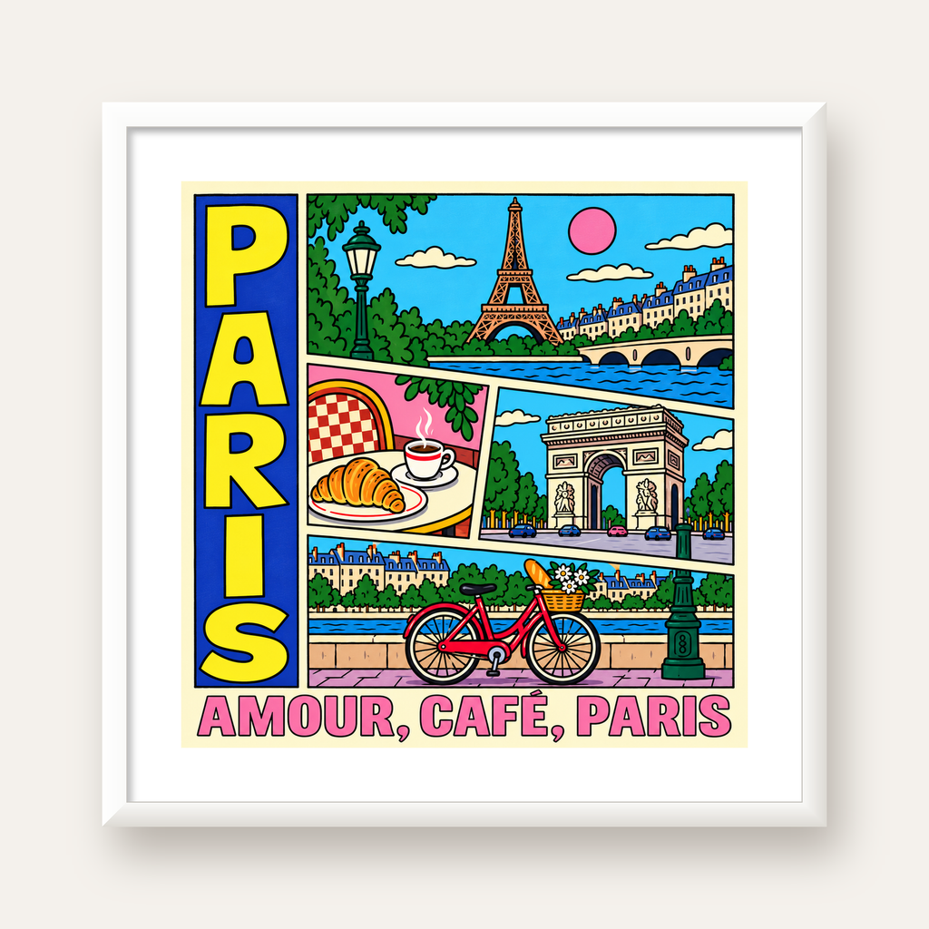 Paris Temalı Renkli Çizgi Roman Poster – Şehir ve Kafe Detayları — beyaz çerçeveli kare poster